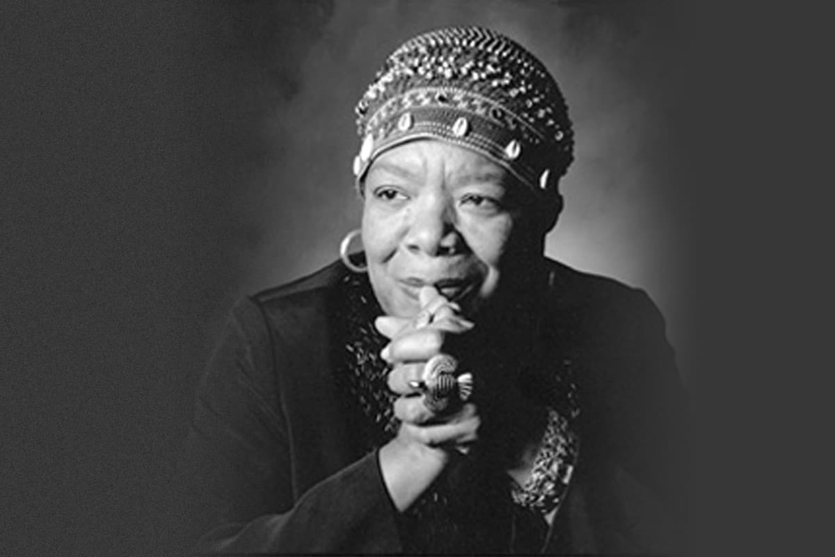 A black and white photo of Maya Angelou