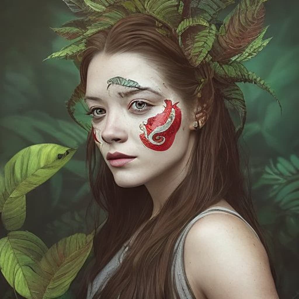 Lensa generated image of a woman with red designs on her cheeks, and a headdress of leaves, in front of greenery.