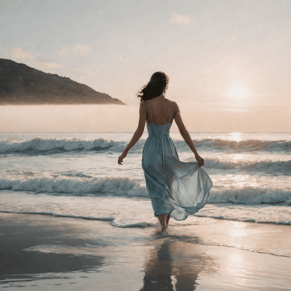 A women in a blue dress walking in the ocean generated by PlaygroundAI